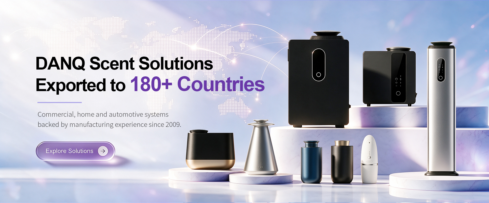 Brand and global market presentation: a world map background paired with a range of scent machines, highlighting export reach and manufacturing experience.