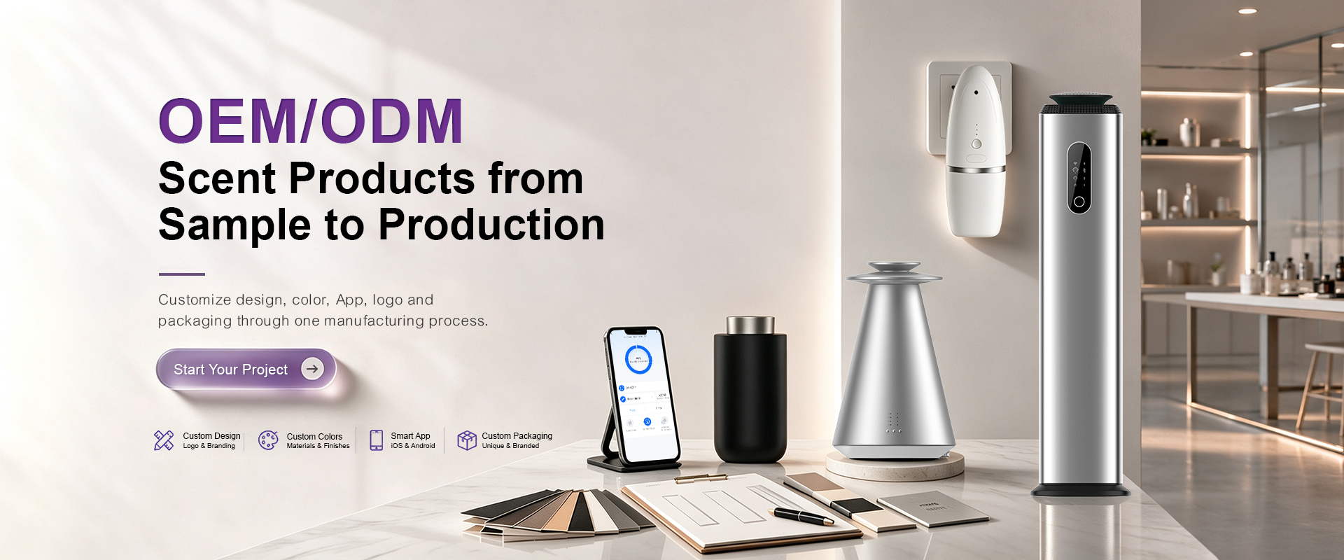 OEM/ODM custom manufacturing: products, a mobile control interface, color swatches and design materials together illustrate services from samples to mass production.
