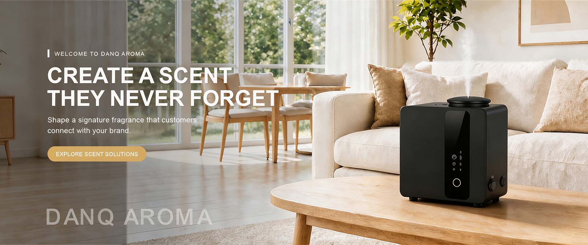 Signature brand scent solution: a black scent machine in a bright living room, emphasizing brand recognition through scent.