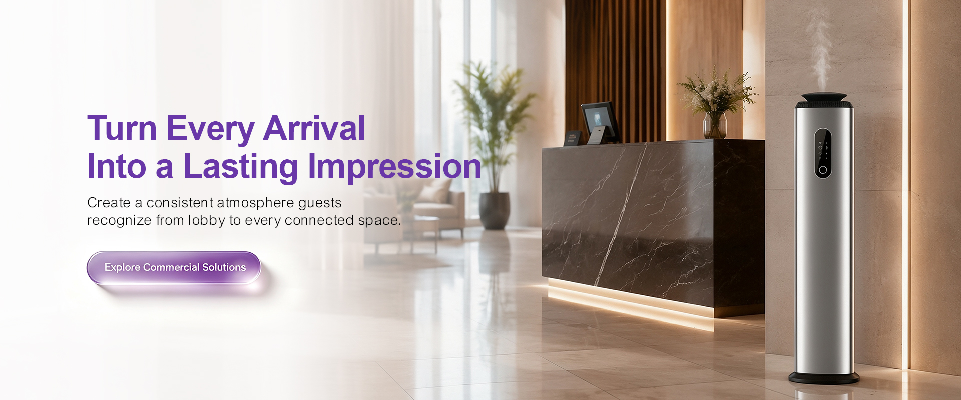 Scenting for hotels and commercial spaces: a freestanding scent machine beside a hotel reception desk, emphasizing a consistent arrival experience.